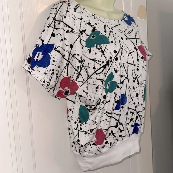 Vtg 70s/80s Jessica Scott Floral Print Black Paint Splatter Cap Sleeve Knit Top - Picture 5 of 7